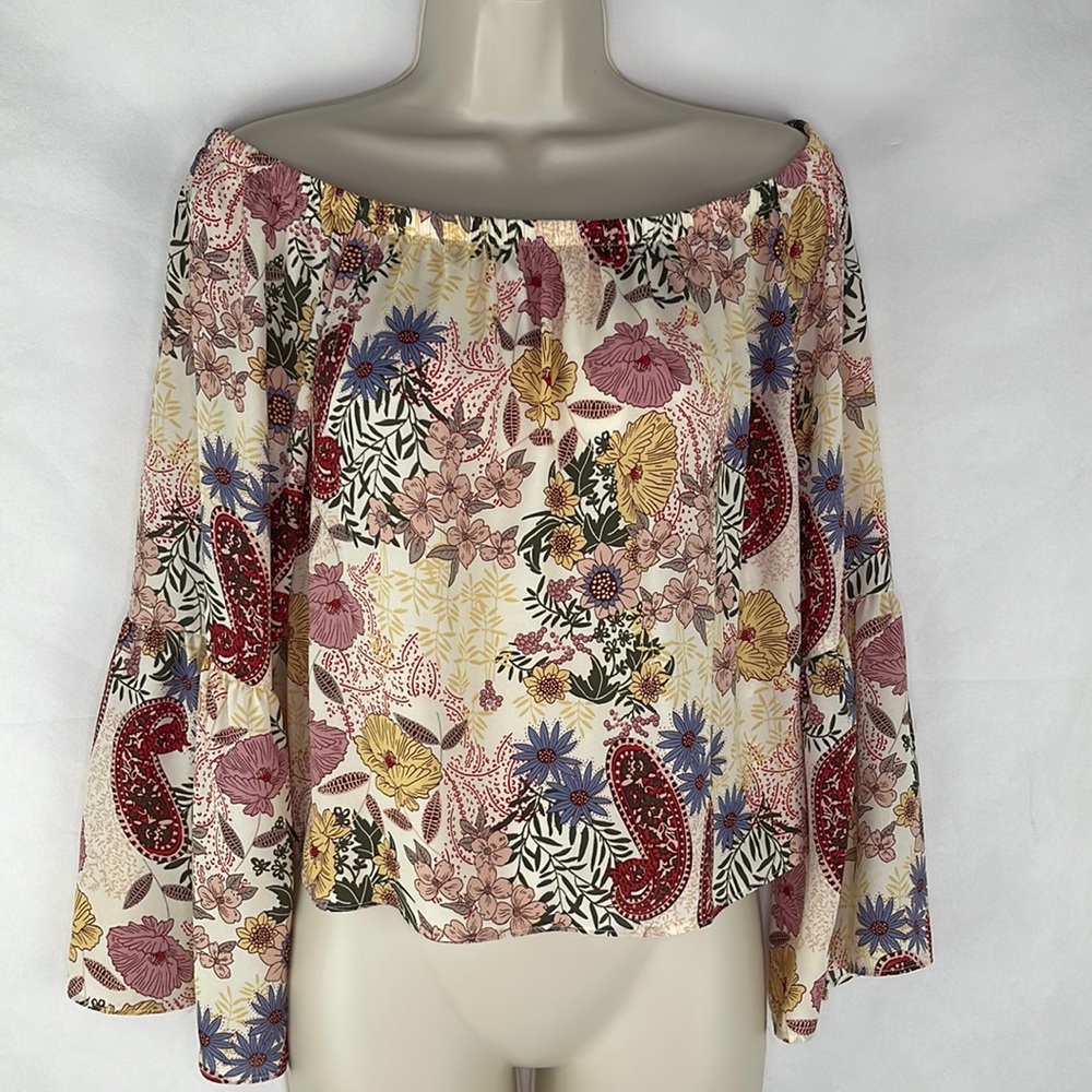Flowered & Paisley On/ Off Shoulder Top with Flounce Sleeve